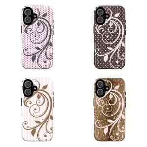 Aesthetic Floral Swirl Phone Case  Vintage Leaf Pattern, Soft Pink Polka Dot & Stripe Design Cover For iPhone 17 Pro Max 16 15 14 13 12 11,gift for her,for him