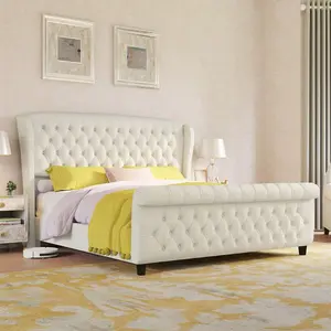 Queen/King/ King Size Platform  Frame, Velvet Upholstered Sleigh  With Curved Headboard And Footboard, Deep Button Tufted Design, No Box Spring Needed bed