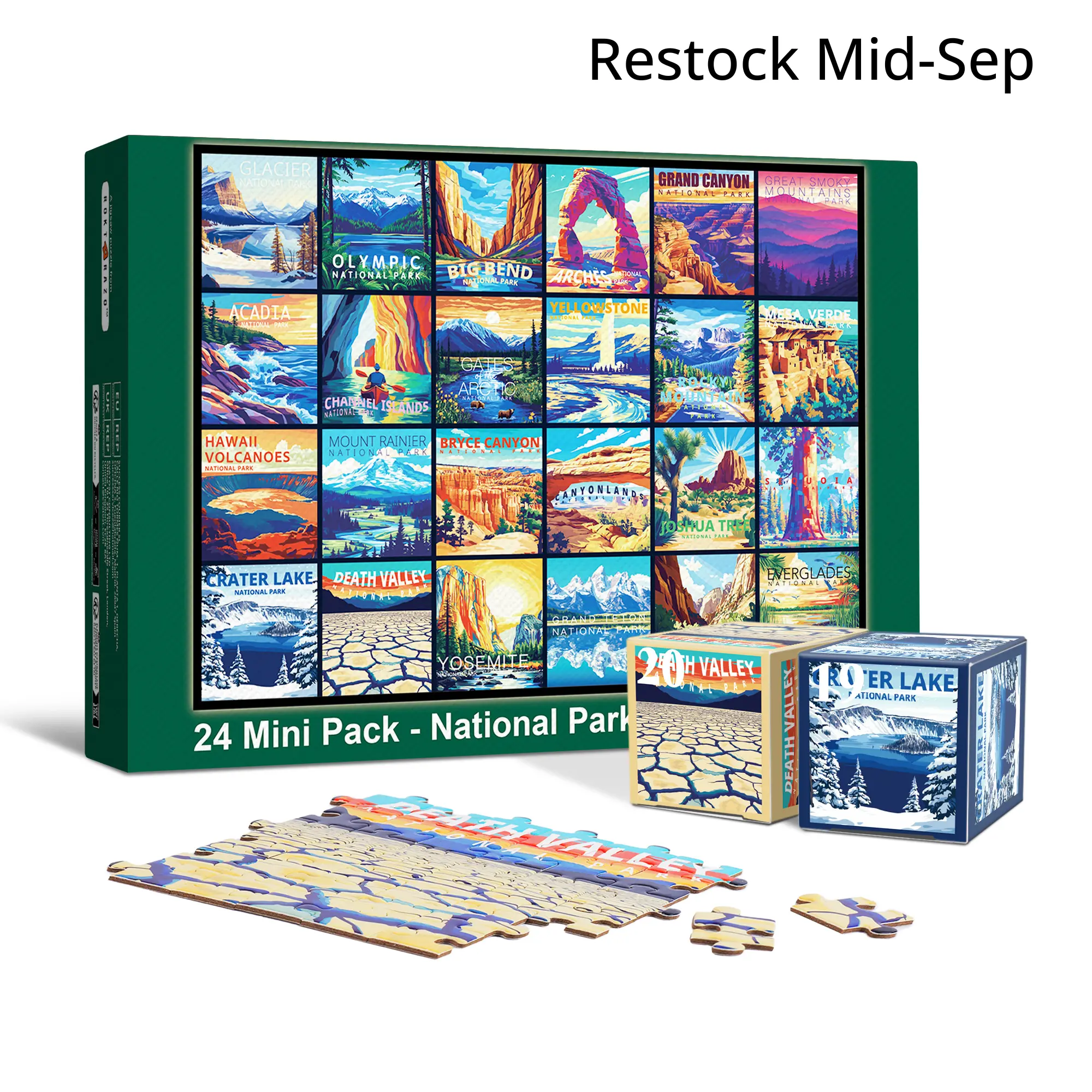 rokt&razo Travel Series, 24 Mini Pack 1000 Pieces Jigsaw Puzzle, 8 Puzzle Stickers, 3 Themes: National Parks, World Heritage, Global City Tour, Daily Puzzle, Family Game Night, Finished Size 27.5 x 19.7 in