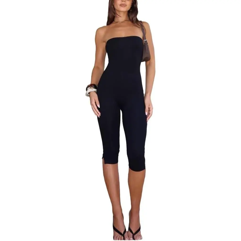 THLAI Strapless Jumpsuits for Women Off Shoulder Tube Top Capri Pants Jumpsuits Sexy Club One Piece Outfits