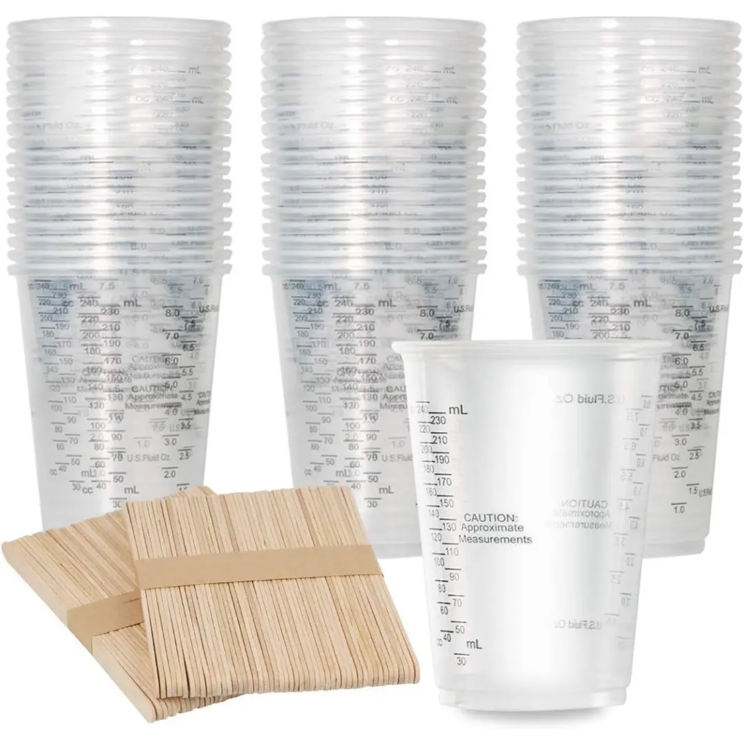 Oillase 8oz 100 Pack Clear Plastic Measuring Cups with 100 Pack Wooden Stir Sticks, Disposable for Liquid Measuring, Paint & Epoxy Resin Mixing, Multiple Packs Available