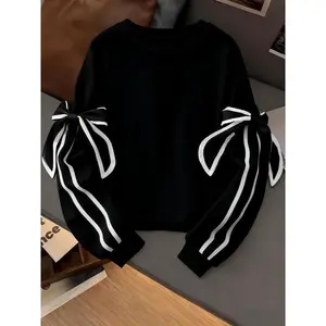 Plus Size Women's Round Neck Sweatshirt with Bow Decorated Sleeves, Casual Fashion Pullover for Spring & Fall Seasons
