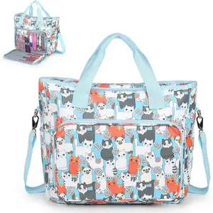 Aeelike Yarn Storage Organizer Travel Crochet Bag, Large Capacity Tote Bag Knitting Bag for Carrying Projects, Knitting Needles, Crochet Hooks and Yarn, Cute Blue Cat
