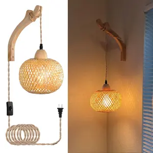 Boho Sconces Wall Lighting for Living Room Bedroom Bamboo Lantern Plug in Wall Sconces Wicker Wall Lamp with Plug in Cord Hand Woven Rattan Wall Light Farmhouse Rustic Wall Sconces