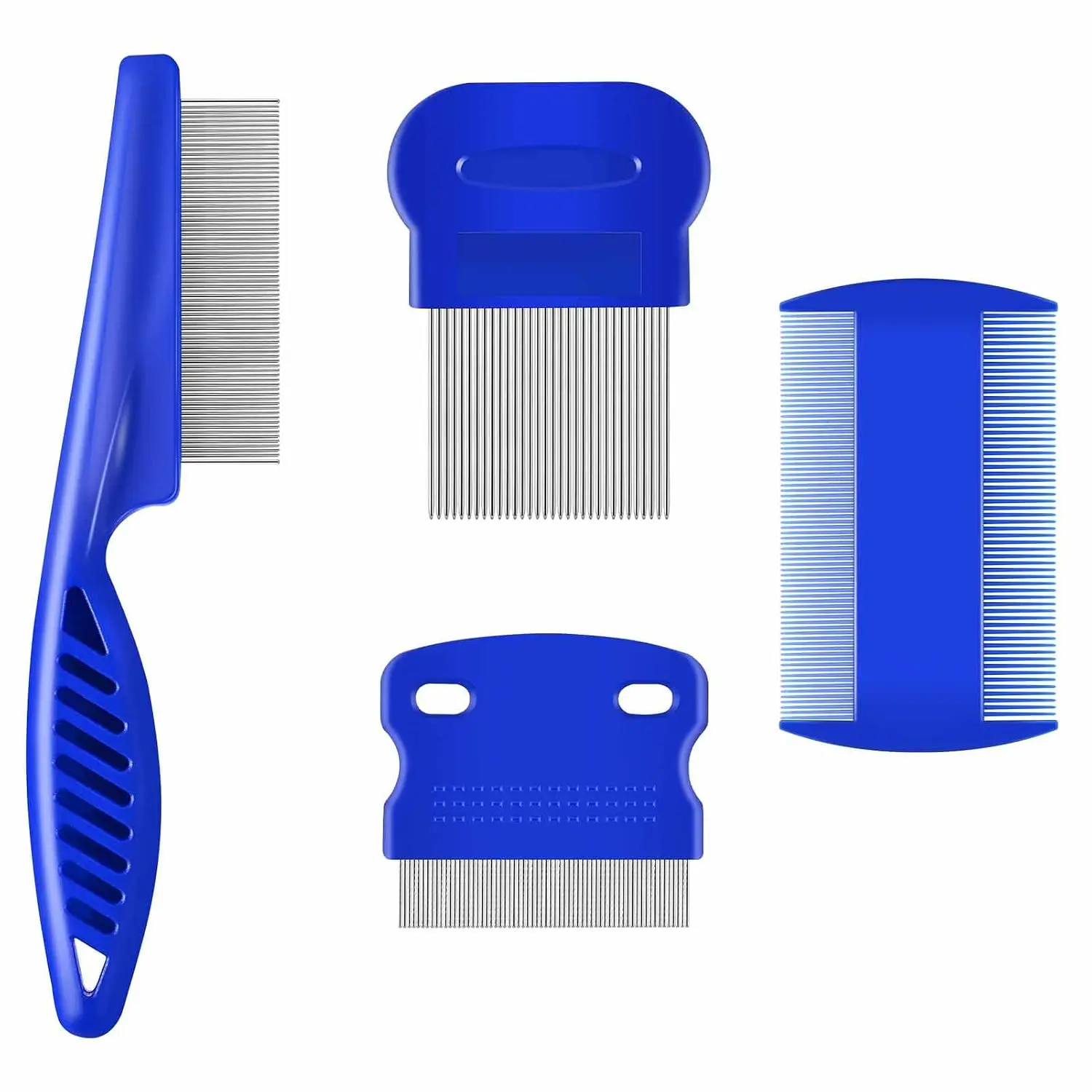 4-Pack Stainless Steel Pet Flea & Lice Combs - Rounded Teeth, Double-Sided, Professional Grooming Tool for Dog & Cat Tear Stain Removal, Dematting for Small, Medium & Large Pets