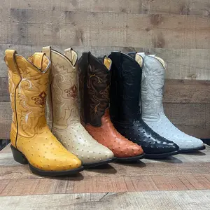 Men's Rodeo Cowboy Western Genuine Cowhide Leather with Ostrich-Print Embossed Pattern Pointed Boots Bota Avestruz Vaquera Puntal Est.099