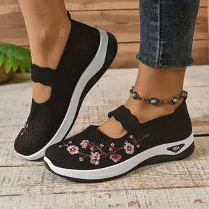 Women's Floral Embroidery Breathable Knit Slip-On Shoes | Lightweight Non-Slip Cushioned Walking Flats | All-Season Indoor Outdoor Casual Comfort Shoes for Daily Wear Footwear Elegant Active