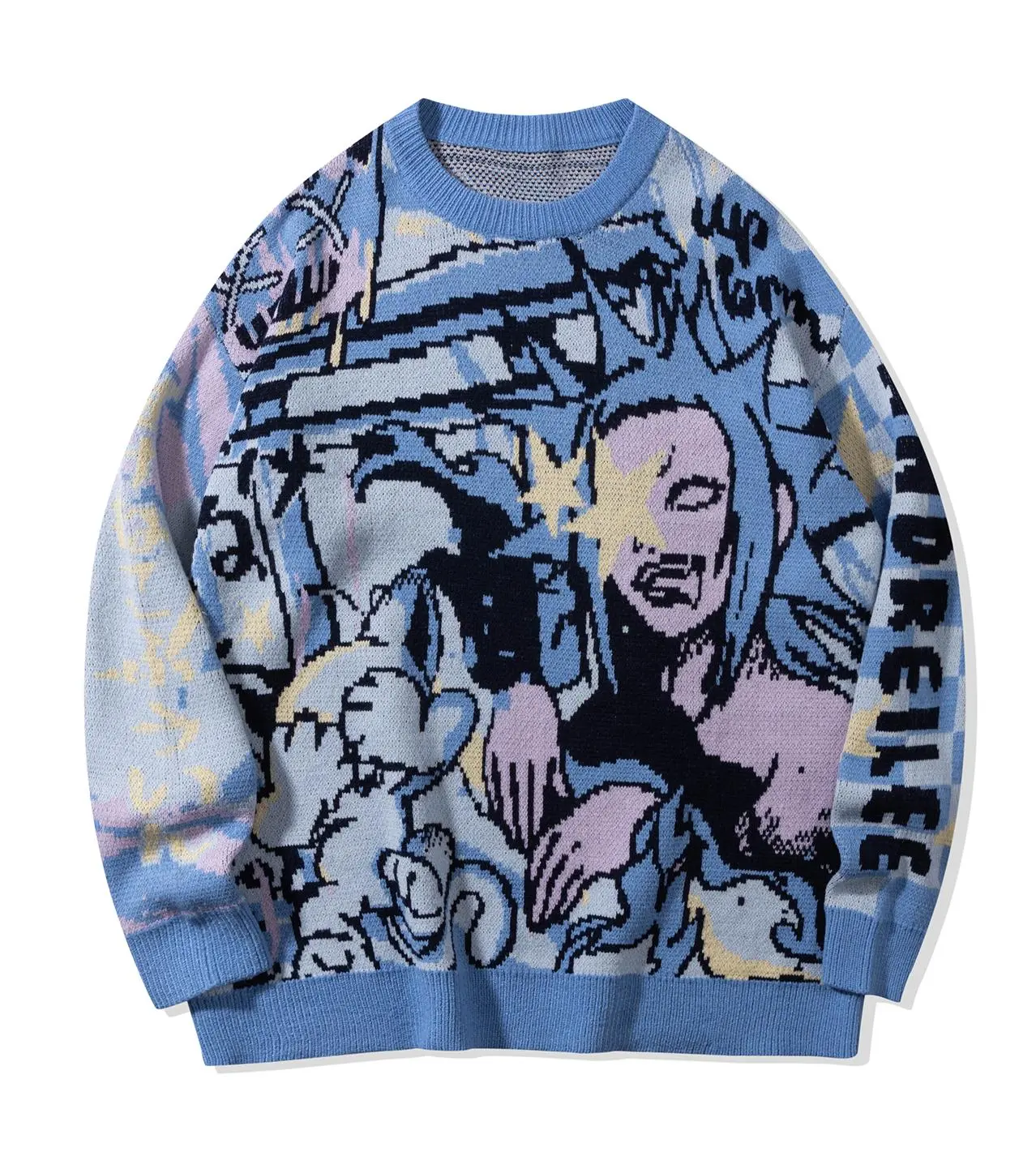 Men's Stylish Knitwear Sweater - Unisex Casual Loose-Fit Long-Sleeve Pullover, Colorful Cartoon & Letters Allover Print, Gradient Soft Fabric Menswear for Spring, Autumn, Sweaters, Fashion Apparel