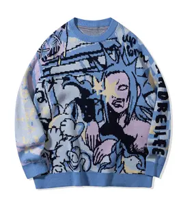 Unisex Cartoon Character & Letter Allover Print Gradient Color Long Sleeve Sweater, Casual & Loose Fit Knit Top for Spring, Autumn & Winter