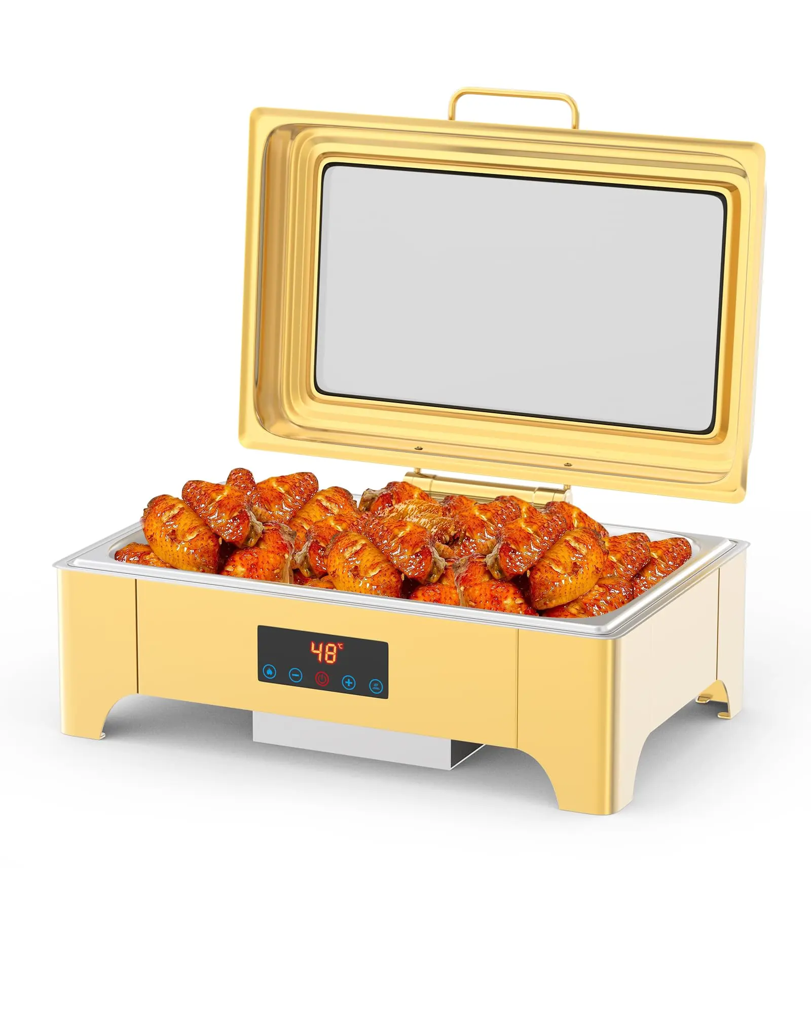 Gold Electric Chafing Dish, 9 QT Full Size Touch Screen Chafing Dishes for Buffet Roll Top Set Food Servers and Warmer with Glass Lid for Catering, Parties, Weddings