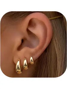 3Pairs 14K Gold Plated Hoop Earrings Set for Women Chunky Earring Silver Plated Hypoallergenic Small Huggie Hoops Lightweight Tiny Thick Trendy Hoop Earrings Stacks for Multiple Piercing Fashion Earrings