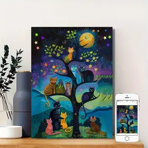 Van Gogh-style cat and tree, full of whimsy, high-definition canvas decorative painting 11.8* 15.7inch (30* 40cm ) with wooden frame -- modern home decoration, can be directly hung in the living room or bedroom