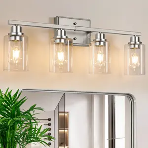 4-Bulb Bathroom Lighting, Contemporary Vanity Lights with Transparent Glass Shades, Brushed Nickel Wall Lamp for Mirrors, Living Rooms, Cabinets, and Bedrooms