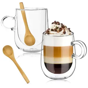 12oz Double-Walled Glass Coffee Drinkware Mugs with Wooden Spoons