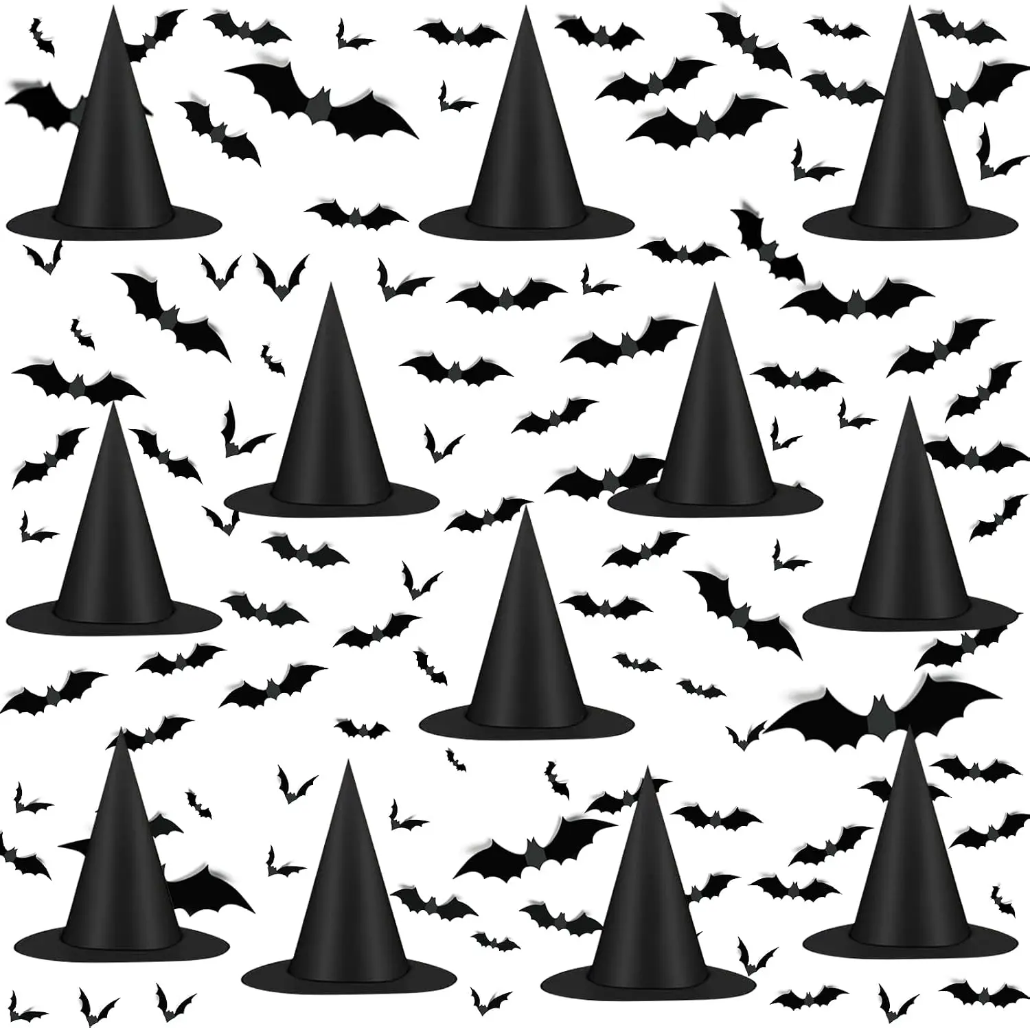 12pcs Halloween Black Witch Hat with 157 FT Nylon Cord &120pcs Bat Sticker for Indoor Home Yard Porch Ceiling Halloween Decorations