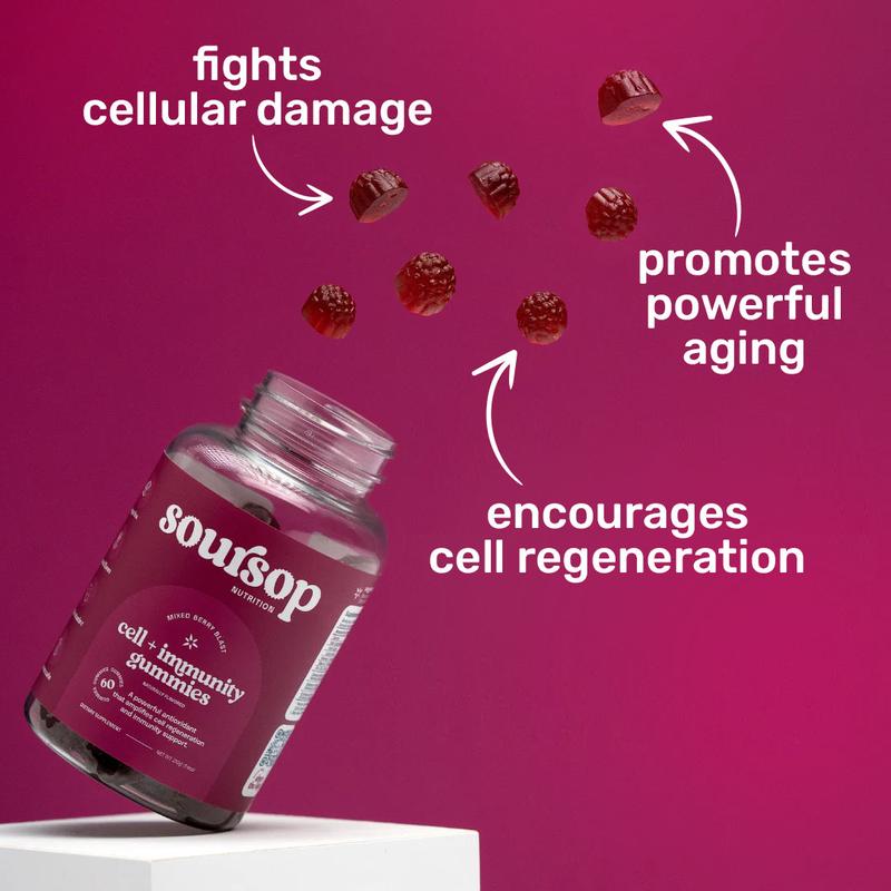 Soursop Nutrition Cell + Immunity Gummies Sugar Free Vitamin C Echinacea Elderberry Daily Wellness Support for Immune Function and Healthy Aging Dietary Supplement