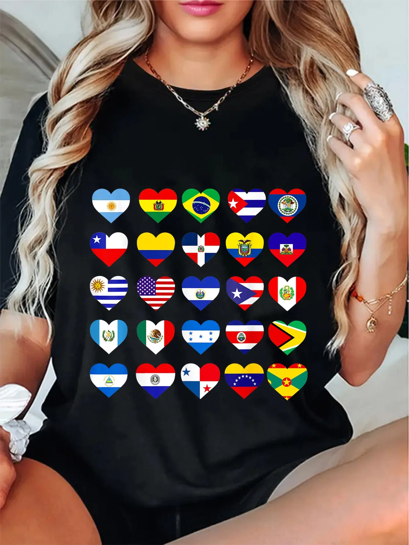 Women's 100% Cotton Casual Everyday Graphic Streetwear Top - Unisex Latin American Flags Hispanic Pride T-Shirt, Tshirt, Vintage, Latin Flags, Funny Print, Round Neck, Holiday, Regular, All Seasons