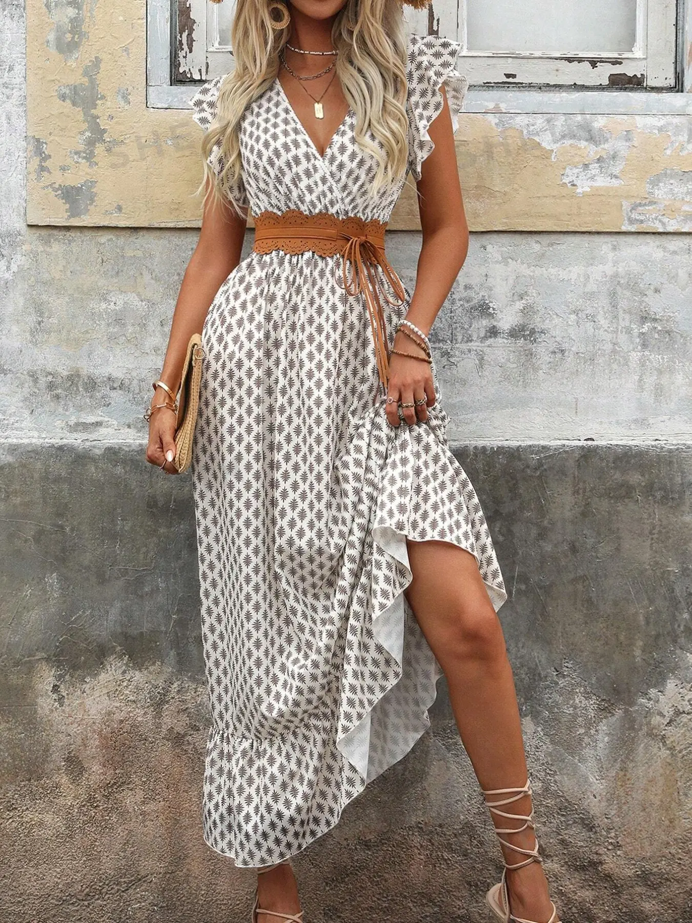 Women's Full-Body Printed Pleated Vneck Maxi Dress, Waist-Cinch & Ruffle Sleeves, Elegant Holiday, Casual Wear, Bohemian Style Dress, Beach Vacation Set, Summer, No Belt Included