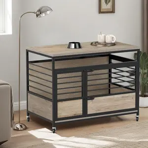 DWVODog Crate Furniture with Wheels, Heavy Duty Wood Dog Cage Table with Double-Doors Chew-Resistant Farmhouse Decorative Wooden Dog Kennel Indoor for Large and Medium Dogs, Grey