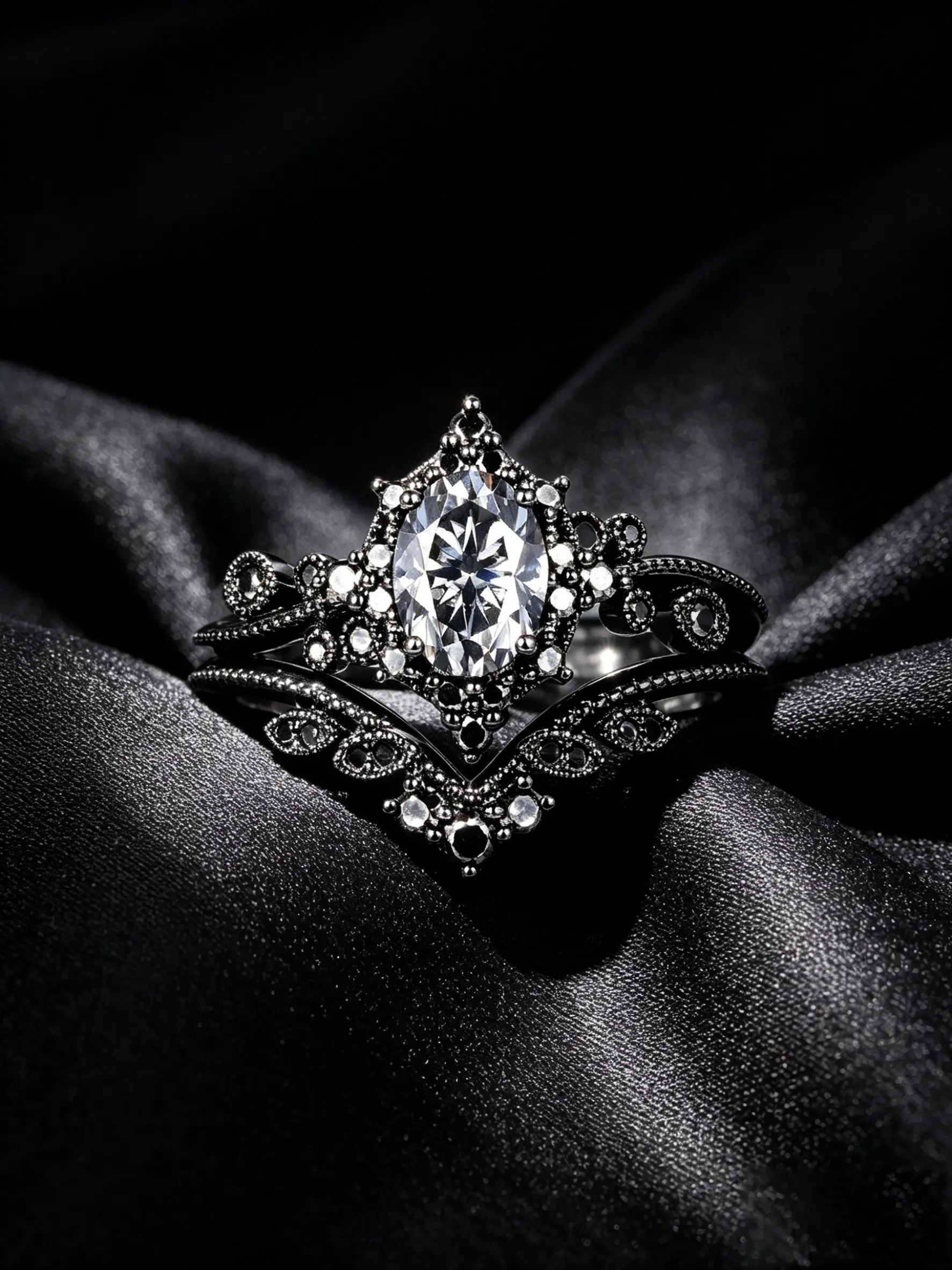 Oval grey moissanite engagement ring set, Gothic black and gold moissanite beaded wedding ring, commitment anniversary ring, women's gift, sparkling rings