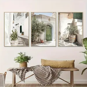3PCs modern boho green olive tree canvas wall art set-frameless, portrait orientation for living room decor