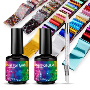 Nail Art Foil Glue Gel, 15ML 2 Bottles with 60PCS Foils Sticker, Nails Designer Adhesive Transfer Art UV LED Lamp Required