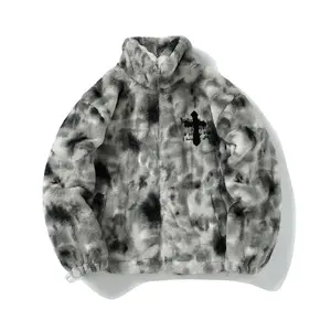 Retro Tie-dyed Gradient Plush Cross Embroidered Lamb Velvet Imitation Rabbit Fur Coat Men And Women Loose Couple Cotton Clothes Casual Fabric Menswear Jackets