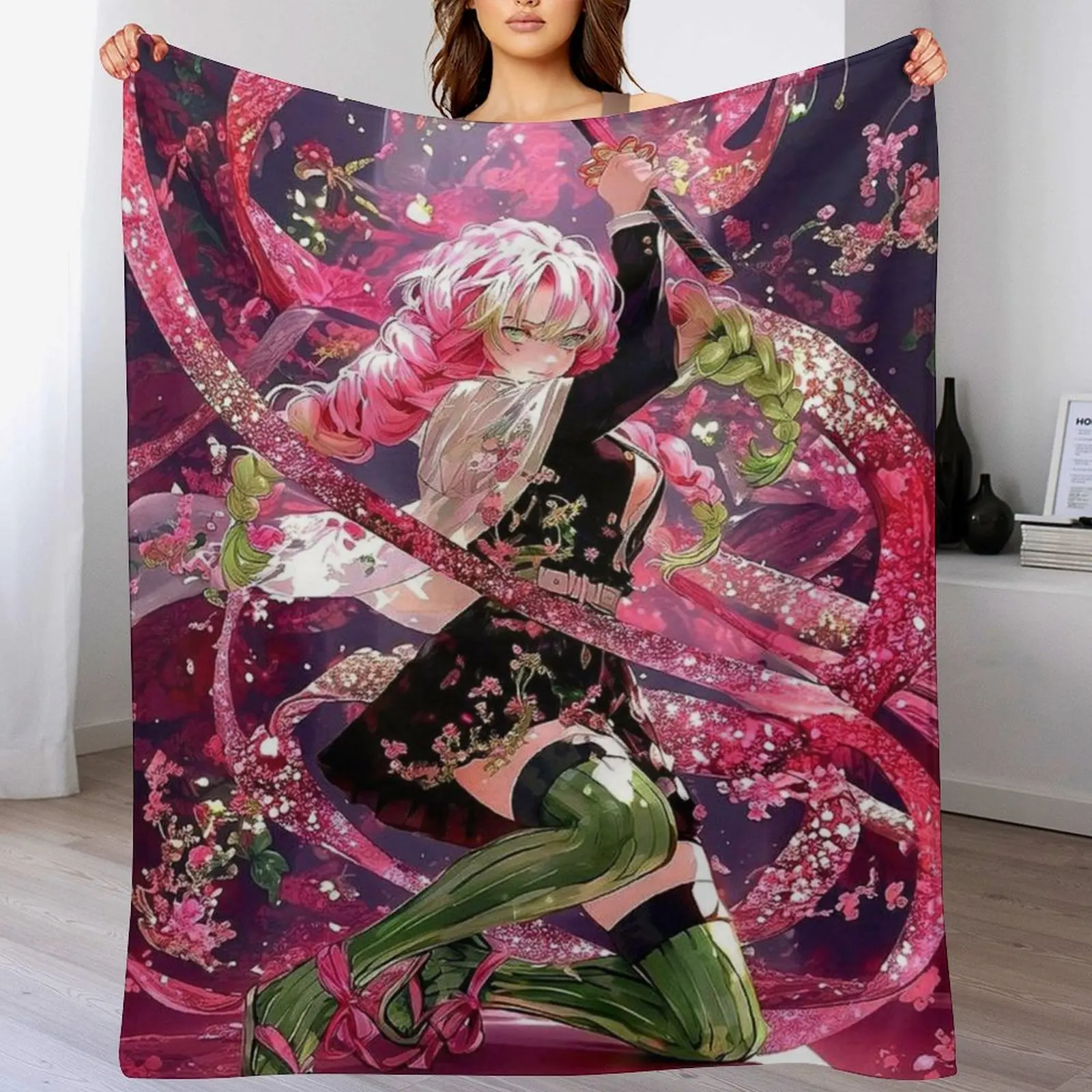 Demon Slayer Mitsuri Kanroji Flannel Fleece Blanket - Portable Anime Art Hanging Decor, Demon Slayer Style Hanging Decor, Soft Love Breathing Print Throw for Couch, Bedroom, Fan Gift, Stylish Home Supply