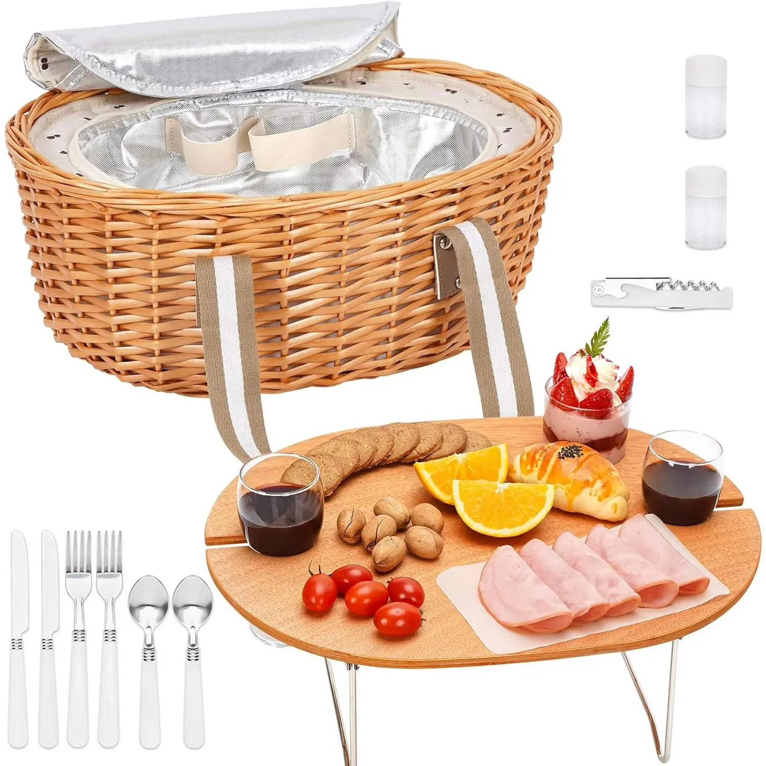 Picnic Basket for 2 - Wicker Picnic Set with Wine Table |   Willow Basket Kit with Insulated Cooler Bag for Camping, Outdoor, Christmas, Party(Beige)
