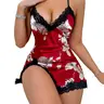 Women's Sexy Lace Patchwork V-Neck Backless, Floral Print, Adjustable Straps, Ruffle Hem, All Season Sleeping Gown Sleep Dress