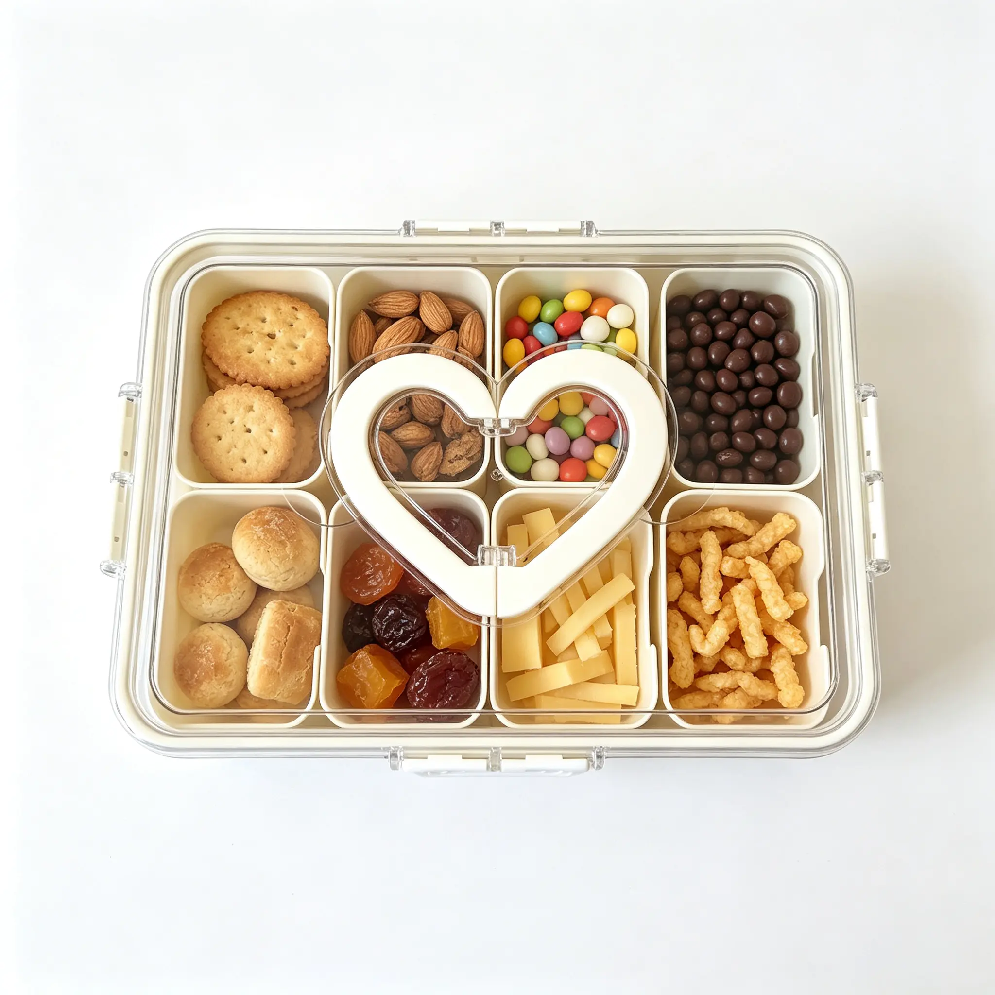 Portable Compartmented Hard Shell Plastic Snackle Box - Detachable Kitchen Snack Storage Containers with Removable Lids, Handle, Stackable Design for Picnics, Camping Organization