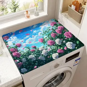 Rose Pattern Washing Machine Cover Mat, 1 Count Non-slip Absorbent Quick-drying Washing Machine Top Cover, Decorative Cover Pad for Kitchen & Bathroom