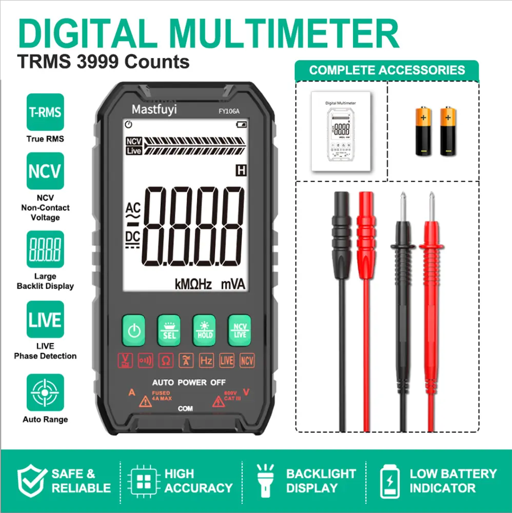 Mastfuyi True RMS Smart Auto-Ranging Digital Multimeter - 3999-Count , CAT III 600V Professional Voltage Tester with Test Leads, Mini Size, 40nf~4mf Accuracy, Auto Function Detection, Flame-Retardant ABS Casing, Low Battery Reminder Icon, Aut