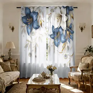 Elegant Blue Lily Curtain Set (2 Pieces), Rod Pocket Design, Digital Print Privacy Curtains, Room Decor Curtain, Window Curtain, Easy to Hang, Semi-Transparent Polyester, Easy Install Curtain, Home Decoration Curtain