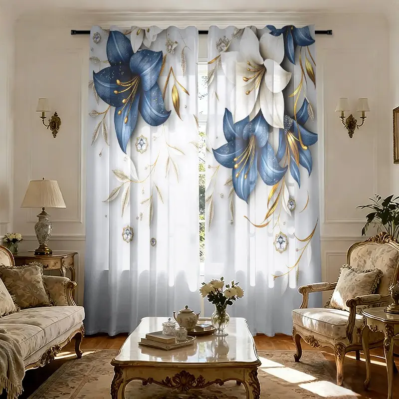 Elegant Blue Lily Curtain Set (2 Pieces), Rod Pocket Design, Digital Print Privacy Curtains, Room Decor Curtain, Window Curtain, Easy to Hang, Semi-Transparent Polyester, Easy Install Curtain, Home Decoration Curtain, Home Decorative Curtain