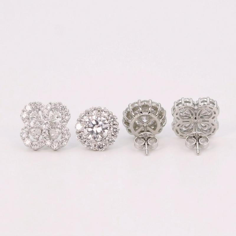 Bride Earrings Costume Jewelry - 2-Pair Hypoallergenic 2-in-1 CZ Diamond Simulant Cluster Studs, Sunflower Crystal Layered Halo Set, Fade-Resistant Clover Charm Earring Stack for Bridal, Daily Wear