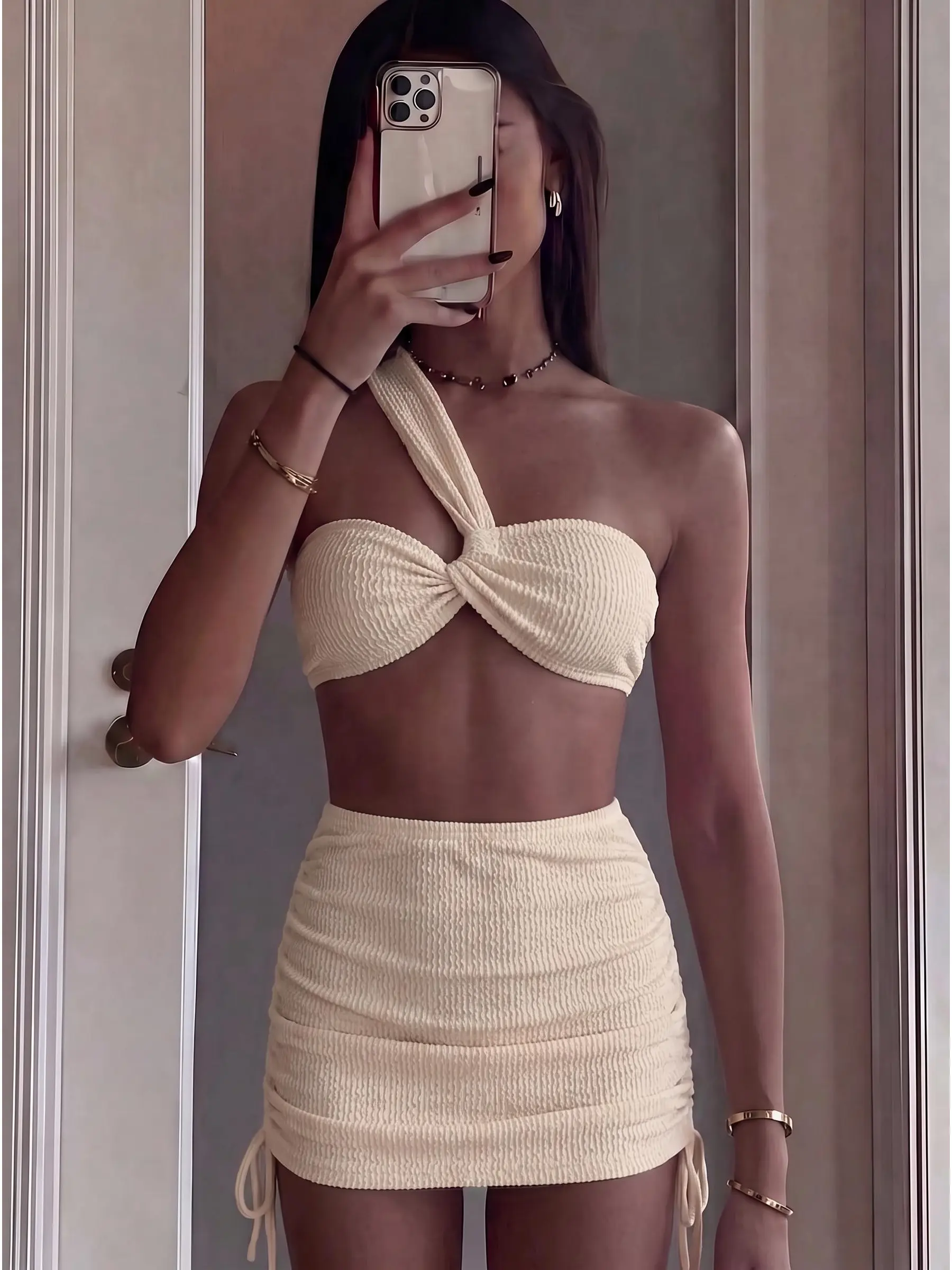 Women's 3-Piece Ribbed Bikini Set Asymmetrical One-Shoulder Twisted Top High Waist Drawstring Ruched Skirt Cover Up Summer Beach Swimsuit,curvy,cutout,,vacation,vibe,2-piece,halter,seductive,swimwear,trendy,vacation outfit,sexy,fashion,beachwear,stylish