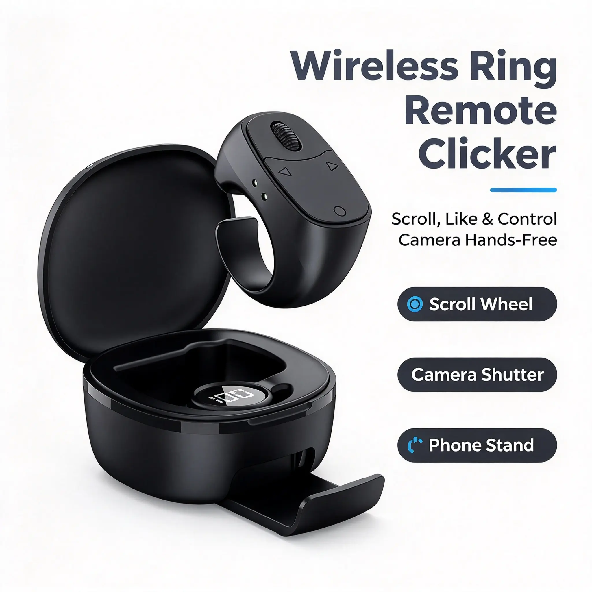 2026 New Wireless Bluetooth Ring Remote Clicker with Scroll Wheel, Hands-Free Smartphone Accessory for Video Scrolling, Liking, Camera Shutter, Built-In Charging Case, Phone Stand, Compatible with iPhone/Android for Content Creators