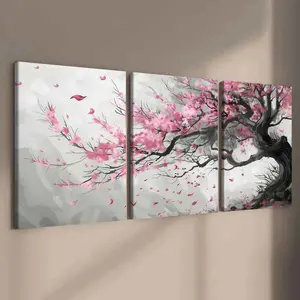 3 Counts Wooden Framed Canvas, Pink Cherry Blossom Tree Painting, Exquisite Poster, Perfect Living Room Decoration, Modern Art, Fashion Family Poster, Wall Art Decoration, Modern Home Decoration, Odorless, Artwork