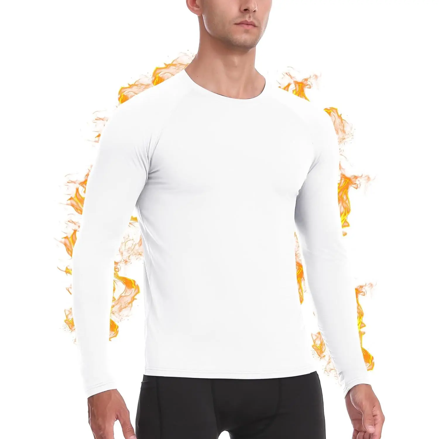 Top Menswear Men's Plain Round Neck Thermal Compression Shirt - Long Sleeve Fleece-Lined Stretch Smooth Fabric Base Layer, Thermal Performance, Moisture-Wicking, Quick-Dry for Winter Cold Weather, Sports Gym Workouts, Sweat, Running