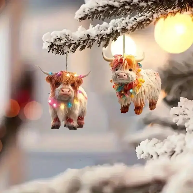 Christmas Highland Cow Design Ornament, 1 Count 2D Cute Animal Shaped Hanging Decoration, Festive Decorations for Home Party