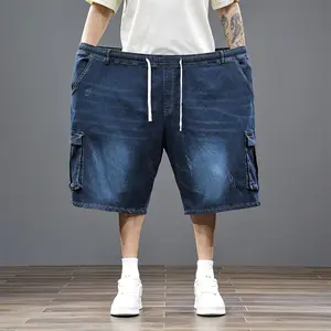Denim Blue Plus Size Men Cargo Denim Shorts, Multi Pockets, Elastic Drawstring Waist, 4XL-9XL