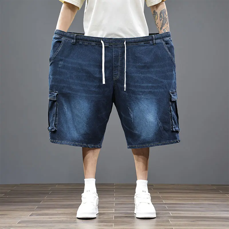 Men's Oversize Plain Baggy Blue Denim Cargo Shorts, Multi Pockets, Elastic Drawstring Waist, 4XL-7XL-8XL-9XL, Plussize, Baggy Shorts, Oversized, Menswear, Plus Sizes, Cargo Colorway Men's Shorts
