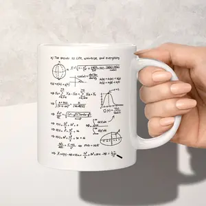 “You won’t believe this formula-covered mug—all that crazy math adds up to 42 (the Hitchhiker’s Guide punchline)! Next-level nerd humor has me deceased 🤯”