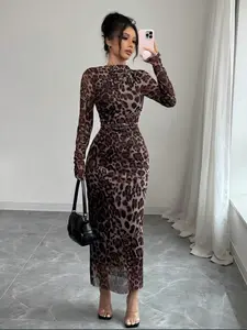 Elegant Women's Leopard Print Mesh Ruched Bodycon Dress, Slim Fit Sleeveless Summer Fashion, Stylish Animal Pattern Formal Evening Wear, Womenswear, Long Sleeve