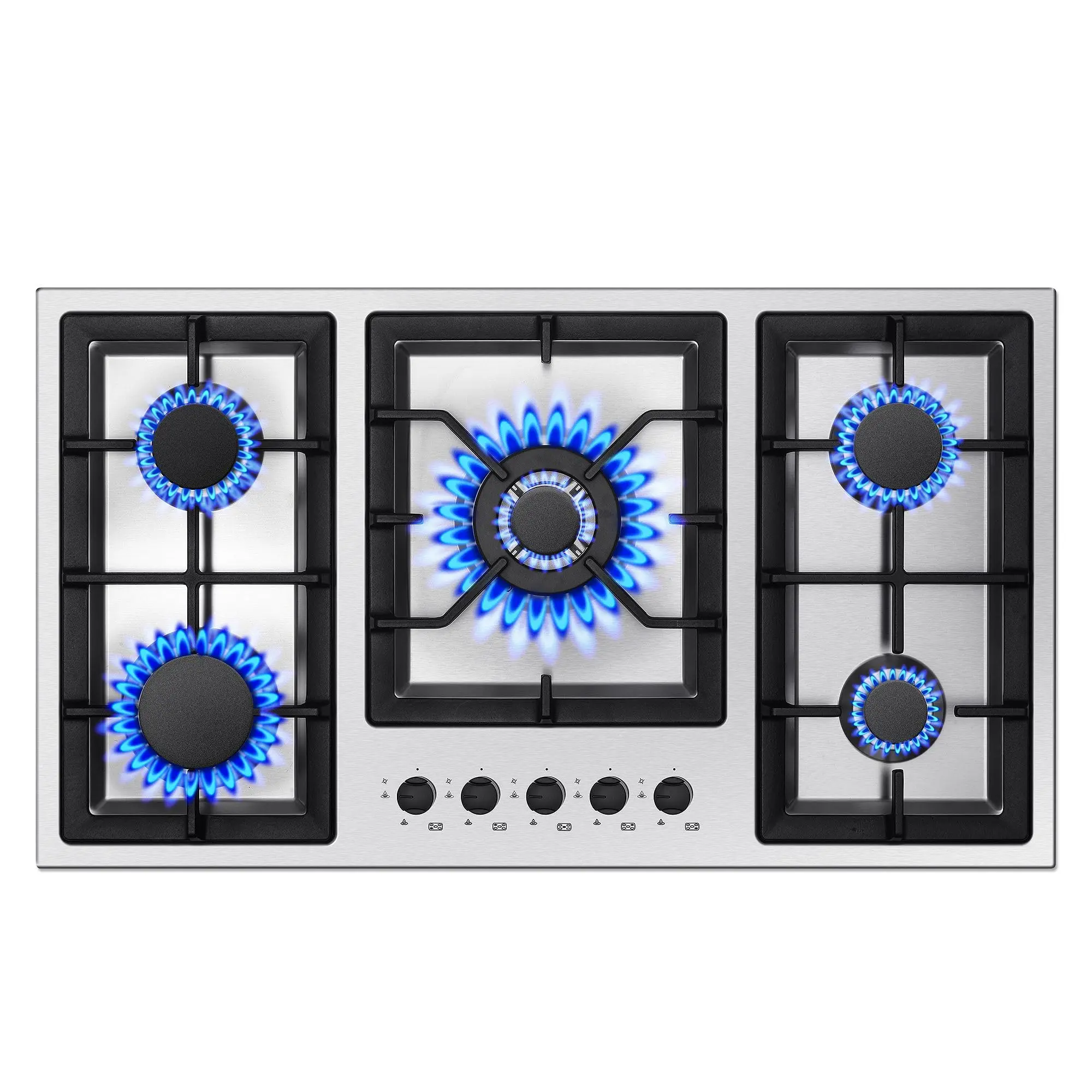 5-Burner 36in Gas Range Auto Shut Off Stainless Steel Convertible Propane Natural Gas Cooktop High Efficiency Convertible Dual-Burner Gas Cooktop Kitchen Stove, Multifunction Stove Cooker