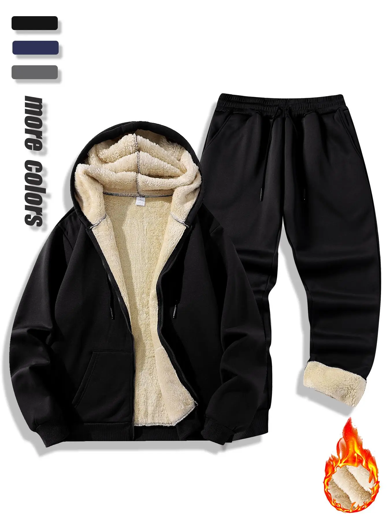 Men's Solid Thermal Lined Zip Up Hooded Jacket & Drawstring Waist Pants Two-piece Set, Casual Regular Fit Long Sleeve Hooded Outerwear & Pocket Trouse