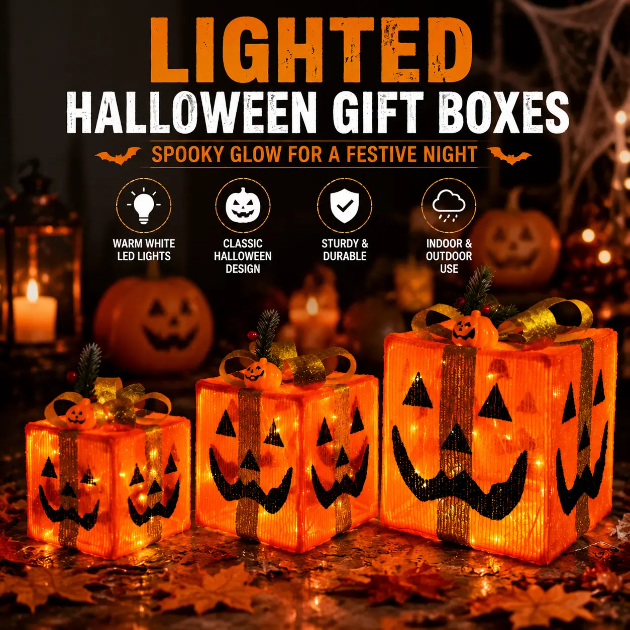 3pcs LED Lighted Halloween Pumpkin Gift Boxes, Warm White  Light Up Jack-o'-lantern Boxes, Spooky Halloween Yard & Indoor Decor. Suitable for party outfits.(Batteries not included）
