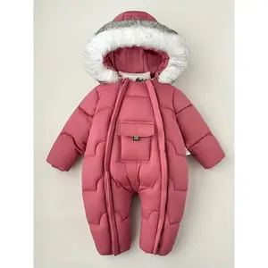 NewBaby Snowsuit with Hood - Winter Outfit, Easy Button Closure, Warm Polyester-Filled Onesie, Unisex Snowsuit for &, Cold Weather Clothing (Beige/White) - Perfect for Photoshoots & Everyday Winter Wear, Photoshoot Outfit, Cozy Hooded Design