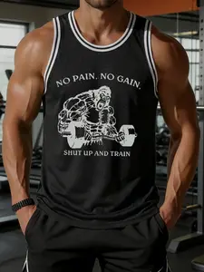 Men's Loose Fit Gym Vest, Gorilla Motivational Print, Striped Hem Sleeveless Training Top, Sports Fitness Vest, Ideal for Bodybuilding, Gym, and Training Scenes, Sports Vest